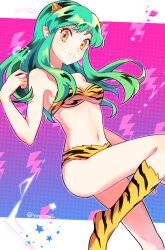 Rule 34 | 1girl, animal print, bikini, boots, breasts, cheese (yongggam), cleavage, commentary, cone horns, green hair, hand up, highres, horns, lightning bolt symbol, long hair, looking at viewer, lum, medium breasts, navel, pointy ears, sidelocks, smile, solo, strapless, strapless bikini, swimsuit, symbol-only commentary, tiger print, twitter username, urusei yatsura, yellow eyes