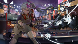 Rule 34 | 1girl, absurdres, bodhi wushushenghua, boots, building, flower, grey hair, guitar, hair flower, hair ornament, hair ribbon, highres, instrument, jacket, music, night, original, outdoors, petals, playing card theme, playing instrument, ponytail, purple eyes, ribbon, scarf, sitting, solo