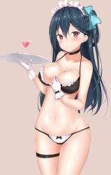 Rule 34 | 1girl, aqua bow, bad id, bad pixiv id, bare arms, bare shoulders, bikini, black bikini, black choker, black hair, blush, bow, breasts, choker, cleavage, closed mouth, collarbone, cowboy shot, cup, drink, drinking glass, frilled bikini, frills, gloves, groin, hair between eyes, hair bow, halterneck, hand on own chest, hand up, highres, holding, holding tray, long hair, looking at viewer, maid, maid bikini, maid headdress, medium breasts, navel, one side up, phantasy star, phantasy star online 2, pink background, red eyes, simple background, smile, solo, standing, swimsuit, thigh strap, tray, unconventional maid, washinomiya koori, white gloves, wine glass, yuano