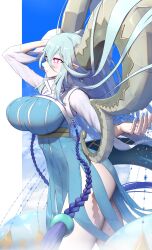 Rule 34 | 1girl, absurdres, blue hair, blue nails, blush, commentary request, fate/grand order, fate (series), from side, hair between eyes, highres, horns, larva tiamat (fate), larva tiamat (third ascension) (fate), long hair, long sleeves, nail polish, parted lips, pink eyes, pointy ears, shiroshisu, solo, symbol-shaped pupils, tiamat (fate), very long hair