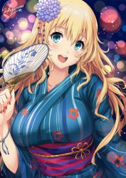 Rule 34 | 1girl, :d, alternate costume, artist name, atago (kancolle), blonde hair, blue eyes, blue kimono, blush, breasts, collarbone, floral print, flower, hair flower, hair ornament, hand fan, japanese clothes, kantai collection, kimono, large breasts, long hair, looking at viewer, nail polish, night, obi, open mouth, outdoors, paper fan, red nails, sakiyamama, sash, smile, solo, wide sleeves, yukata