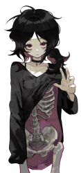Rule 34 | 1girl, absurdres, ashley graves, black choker, black hair, bone, choker, closed mouth, collarbone, commentary, english commentary, highres, k hottok, long sleeves, messy hair, red eyes, shirt, simple background, solo, the coffin of andy and leyley, white background