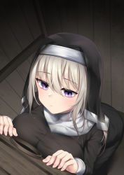 Rule 34 | 1girl, against wall, black dress, blonde hair, blush, breast press, breasts, closed mouth, dress, from above, glory hole, habit, hair between eyes, highres, indoors, large breasts, leaning forward, long hair, long sleeves, nun, original, purple eyes, solo, traditional nun, umou (may65879)