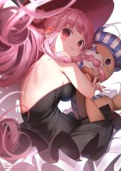 Rule 34 | 1girl, back, bad id, bad twitter id, black dress, blush, breasts, closed mouth, hugging doll, dress, empty eyes, hat, highres, kumacy, large breasts, long hair, looking at viewer, nail polish, hugging object, one piece, perona, pink eyes, pink hair, red nails, ryota (ry o ta), signature, simple background, solo, stuffed animal, stuffed toy, teddy bear, very long hair, white background