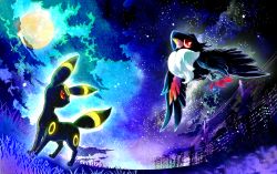 Rule 34 | bird, bright pupils, building, cloud, commentary request, creatures (company), from below, game freak, gen 2 pokemon, gen 4 pokemon, glowing, glowing eyes, grass, highres, honchkrow, moon, night, nintendo, no humans, outdoors, pokemon, pokemon (creature), power lines, red eyes, sky, standing, star (sky), umbreon, utility pole, white pupils, yyy9696yyy