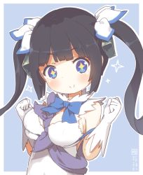 Rule 34 | + +, 10s, 1girl, 2015, arm ribbon, asicah, bad id, bad twitter id, bare shoulders, black hair, blue background, blue bow, blue bowtie, blue eyes, blue ribbon, blush, bow, bowtie, breasts, cleavage, cleavage cutout, clenched hands, clothing cutout, dated, dress, dungeon ni deai wo motomeru no wa machigatteiru darou ka, female focus, gloves, hair ornament, hair ribbon, hand up, hestia (danmachi), large breasts, long hair, looking at viewer, outline, rei no himo, ribbon, short dress, skindentation, sleeveless, sleeveless dress, smile, solo, star-shaped pupils, star (symbol), symbol-shaped pupils, timestamp, twintails, upper body, white dress, white gloves