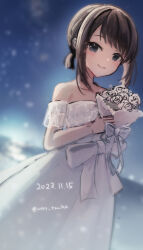 Rule 34 | 1girl, black eyes, black hair, bouquet, dated, dress, flower, fubuki (kancolle), kantai collection, low ponytail, night, off-shoulder dress, off shoulder, official alternate costume, one-hour drawing challenge, ponytail, short hair, short ponytail, sidelocks, smile, solo, white dress, wss (nicoseiga19993411)
