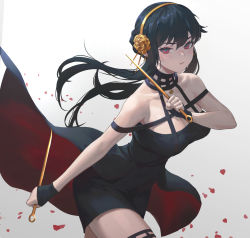 Rule 34 | 1girl, bare shoulders, black dress, black gloves, black hair, black thighhighs, breasts, cleavage, dagger, dress, dual wielding, earrings, falling petals, fingerless gloves, floating hair, flower, gloves, gold earrings, gold hairband, guihuo inferno, hair flower, hair ornament, hairband, highres, holding, holding dagger, holding knife, holding weapon, jewelry, knife, large breasts, long hair, looking at viewer, parted lips, petals, red eyes, rose, solo, spikes, spy x family, thighhighs, two-sided dress, two-sided fabric, weapon, yor briar