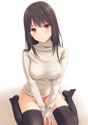 Rule 34 | 1girl, black hair, black thighhighs, bottomless, breasts, brown eyes, commentary request, eyebrows hidden by hair, groin, head tilt, long hair, long sleeves, looking at viewer, medium breasts, n.g., no panties, no pants, no shoes, original, parted lips, ribbed sweater, simple background, sitting, sleeves past wrists, solo, sweater, thighhighs, turtleneck, turtleneck sweater, wariza, white background, white sweater