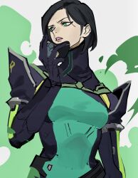 Rule 34 | 1girl, armor, black gloves, black hair, bodysuit, breasts, frown, gloves, green eyes, green theme, highres, looking away, mask, unworn mask, medium breasts, parted bangs, parted lips, pauldrons, roru (lol dessin), short hair, shoulder armor, solo, standing, turtleneck, upper body, valorant, viper (valorant)
