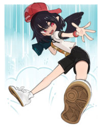 Rule 34 | 1girl, adidas, alternate costume, backwards hat, baseball cap, black shorts, black wings, hat, highres, looking down, onionsketch, open hand, pointy ears, red eyes, red hat, shameimaru aya, shirt, shoes, short hair, shorts, sky, smile, sneakers, solo, touhou, white footwear, white shirt, wings
