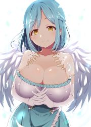 Rule 34 | 1girl, angel wings, blue hair, blush, braid, breasts, cleavage, collarbone, commentary request, interlocked fingers, large breasts, looking at viewer, moira (nijisanji), mole, mole on breast, mole under eye, natsumi akira, nijisanji, simple background, smile, solo, upper body, virtual youtuber, white background, wings, yellow eyes