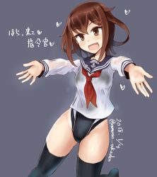 Rule 34 | 1girl, black one-piece swimsuit, black sailor collar, black thighhighs, brown eyes, brown hair, competition swimsuit, cowboy shot, dated, fang, grey background, hair ornament, hairclip, highleg, highleg swimsuit, ikazuchi (kancolle), kantai collection, minase (takaoka nanase), neckerchief, no pants, one-piece swimsuit, open mouth, outstretched arms, red neckerchief, sailor collar, school uniform, see-through, serafuku, short hair, simple background, solo, swimsuit, swimsuit under clothes, thighhighs, translation request, twitter username