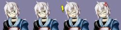 Rule 34 | 1boy, bad id, bad pixiv id, character sheet, curiosities of lotus asia, glasses, highres, long image, male focus, morichika rinnosuke, official style, parody, sil, silver hair, simple background, solo, style parody, tntn, touhou, upper body, wide image, yellow eyes, zun (style)