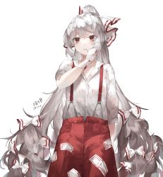 Rule 34 | 1girl, arm at side, arm up, artist name, bandages, bandaged arm, bandages, blood, bloody bandages, chinese commentary, commentary request, cowboy shot, dated, expressionless, fujiwara no mokou, hair between eyes, hair ribbon, highres, ling mou, long hair, mouth hold, ofuda, pants, ponytail, red eyes, red pants, ribbon, shirt, silver hair, simple background, sleeves past elbows, solo, standing, suspenders, touhou, very long hair, white background, white shirt