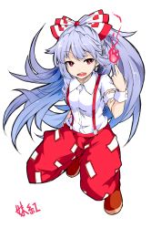 Rule 34 | 1girl, bow, breasts, fire, fujiwara no mokou, full body, hair bow, hakama, hakama pants, hand in pocket, highres, ishimu, japanese clothes, long hair, looking at viewer, medium breasts, monpe, one-hour drawing challenge, open mouth, pants, red eyes, red pants, shirt, short sleeves, silver hair, solo, squatting, suspenders, torn clothes, torn shirt, touhou, very long hair, white shirt, wrist cuffs