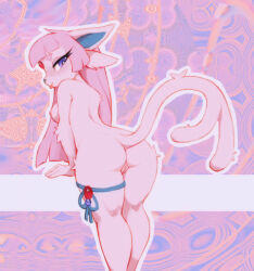 Rule 34 | 1girl, animal ear fluff, animal ears, animal nose, ass, body fur, breasts, cleft of venus, creatures (company), espeon, fluffy, forehead jewel, furry, furry female, game freak, gen 2 pokemon, highres, jewelry, leaning forward, leg ribbon, long hair, looking at viewer, looking back, medium breasts, multicolored background, nintendo, nipples, pink fur, pink hair, pokemon, presenting, purple eyes, pussy, ribbon, split tail, standing, straight hair, tail, tail raised, thick outlines, thigh ribbon, tongue, tongue out, waspsalad