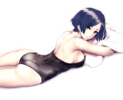 Rule 34 | 10s, 1girl, ass, backless leotard, bad id, bad twitter id, black hair, breasts, cleavage, crossed arms, from side, hayami kanade, highres, idolmaster, idolmaster cinderella girls, infinote, leotard, looking at viewer, lying, on stomach, parted bangs, short hair, simple background, solo, thighs, towel, white background, yellow eyes