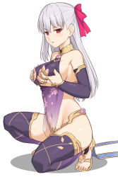 Rule 34 | 1girl, armor, bare shoulders, bikini armor, blush, breasts, collar, detached sleeves, dress, earrings, fate/grand order, fate (series), flower, hair ribbon, jewelry, kama (fate), kama (second ascension) (fate), large breasts, long hair, looking at viewer, lotus, metal collar, open mouth, pelvic curtain, pink ribbon, purple dress, purple legwear, purple sleeves, red eyes, ribbon, ring, shiseki hirame, silver hair, simple background, solo, thighlet, thighs, white background