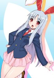Rule 34 | 1girl, alternate hair color, animal ears, black jacket, blazer, blush, breasts, brown footwear, collared shirt, commentary request, drop shadow, dutch angle, foot out of frame, grey hair, highres, jacket, kei jiei, loafers, long hair, long sleeves, looking at viewer, necktie, open mouth, pink skirt, pleated skirt, rabbit ears, rabbit girl, red eyes, red necktie, reisen udongein inaba, shirt, shoes, sidelocks, skirt, small breasts, solo, touhou, very long hair, white shirt