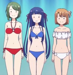 Rule 34 | 3girls, bikini, blue background, blue hair, bow, breasts, brown hair, cleavage, front-tie top, game cg, gradient background, green hair, groin, hair bow, hair ornament, hairclip, halterneck, legs, low ponytail, lowres, maki makiko, multiple girls, murakami namino, one side up, sora to umi no aida, soramachi haru, standing, swimsuit, two side up
