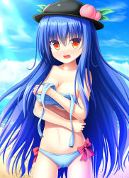 Rule 34 | 1girl, bare arms, bare shoulders, beach, bikini, black headwear, blue bikini, blue hair, blue sky, blush, breasts, cameltoe, cleavage, cloud, collarbone, commentary request, covering privates, covering breasts, cowboy shot, day, food, fruit, gluteal fold, hair between eyes, hinanawi tenshi, leaf, long hair, looking at viewer, medium breasts, navel, nose blush, open mouth, outdoors, peach, red eyes, shudou ido, sky, solo, standing, stomach, swimsuit, thighs, touhou, untied bikini, very long hair, water