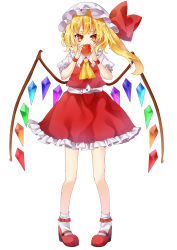 Rule 34 | 1girl, absurdres, apple, ascot, asoct, bad id, bad pixiv id, blonde hair, flandre scarlet, food, fruit, full body, hat, highres, holding, kyouda suzuka, looking at viewer, mary janes, mob cap, red eyes, shoes, side ponytail, solo, standing, touhou, wings