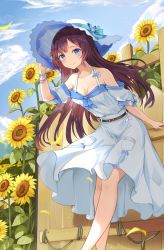 Rule 34 | 1girl, belt, blue butterfly, blue eyes, blue ribbon, blue sky, bracelet, breasts, brown hair, bug, butterfly, cleavage, cloud, day, dress, floating hair, flower, hair between eyes, hand on headwear, hat, hat ribbon, highres, insect, jewelry, leaning forward, long hair, looking at viewer, medium breasts, mosta (lo1777789), original, outdoors, ribbon, sky, solo, standing, striped ribbon, sun hat, sundress, sunflower, very long hair, white dress, white hat, yellow flower