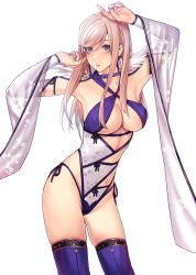 Rule 34 | 1girl, alternate hairstyle, applekun, arms up, blue eyes, bow swimsuit, breasts, cleavage, cowboy shot, fate/grand order, fate/stay night, fate (series), hair down, highres, large breasts, long hair, looking at viewer, miyamoto musashi, miyamoto musashi (fate), miyamoto musashi (fate/grand order), miyamoto musashi (swimsuit berserker) (fate), miyamoto musashi (swimsuit berserker) (third ascension) (fate), pink hair, solo, swept bangs, thighhighs, white background