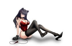 Rule 34 | 1girl, a-soul, absurdres, animal ears, animal hands, bella (a-soul), black footwear, black gloves, black hair, black thighhighs, blue eyes, blush, breasts, cat ears, cat girl, chinese commentary, cleavage, closed mouth, commentary, crossed legs, full body, gloves, hair ornament, high heels, highres, large breasts, leotard, lizheng, long hair, paw gloves, red leotard, simple background, sitting, smile, thighhighs, thighs, virtual youtuber, white background