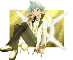 1boy black_pants closed_mouth creatures_(company) full_body game_freak hand_on_own_face highres jacket long_sleeves looking_at_viewer male_focus mio14s nintendo pants pokemon pokemon_masters_ex short_hair smile solo steven_stone steven_stone_(arc_suit) vest white_jacket white_vest