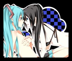 Rule 34 | 10s, 2girls, aqua eyes, aqua hair, bad id, bad pixiv id, bikini, bikini top only, black hair, black rock shooter, black rock shooter (character), blue eyes, breast hold, breasts, covering privates, eye contact, hatsune miku, looking at another, multiple girls, richard, skirt, swimsuit, topless, twintails, vocaloid, yuri