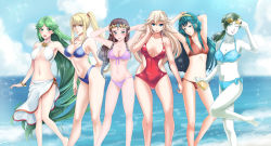 Rule 34 | 6+girls, beach, bikini, black hair, blue eyes, blue sky, breasts, cleavage, colored skin, day, fire emblem, fire emblem awakening, green eyes, green hair, highres, jewelry, kid icarus, kid icarus uprising, large breasts, legs, long hair, looking at viewer, lucina (fire emblem), mario (series), metroid, midriff, multiple girls, navel, nintendo, open mouth, outdoors, palutena, pointy ears, ponytail, princess peach, princess zelda, samus aran, sky, smile, super smash bros., swimsuit, the legend of zelda, the legend of zelda: twilight princess, thighs, tiara, very long hair, water, white skin, wii fit, wii fit trainer, wii fit trainer (female), yuino (fancy party)