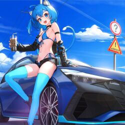 Rule 34 | 1girl, ahoge, animal ear fluff, animal ears, arm strap, armpit crease, bare shoulders, bikini, black choker, black footwear, black gloves, black jacket, black shorts, blue bikini, blue eyes, blue hair, blue sky, blue theme, blue thighhighs, breasts, car, cat ears, cat girl, cat tail, choker, cropped jacket, cup, day, disposable cup, fingerless gloves, front-tie bikini top, front-tie top, gloves, halterneck, highleg, highleg bikini, highres, holding, holding cup, hyundai, hyundai elantra, hyundai elantra n, jacket, long sleeves, looking at viewer, medium hair, micro shorts, motor vehicle, navel, off shoulder, one side up, open clothes, open fly, open jacket, open mouth, original, outdoors, pjman, race queen, shoes, shorts, side-tie bikini bottom, sign, skindentation, sky, small breasts, smile, solo, sports car, stomach, strap gap, string bikini, swimsuit, tail, tail raised, thighhighs, thighs