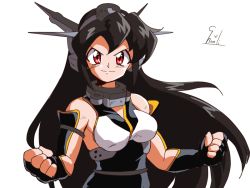 Rule 34 | 1990s (style), 1girl, artist name, bare shoulders, black dress, black gloves, black hair, breasts, choroli (chorolin), closed mouth, dress, elbow gloves, fingerless gloves, gloves, headgear, kantai collection, long hair, looking at viewer, medium breasts, nagato (kancolle), parody, red eyes, retro artstyle, signature, simple background, sitting, sleeveless, sleeveless dress, smirk, solo, style parody, upper body, w arms, white background