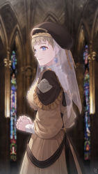Rule 34 | 1girl, beret, black hat, blonde hair, blue eyes, blurry, blurry background, breasts, church, cowboy shot, dress, earrings, fire emblem, fire emblem: three houses, hat, jewelry, lips, long sleeves, medium breasts, mercedes von martritz, moai (aoh), nintendo, own hands clasped, own hands together, short hair, smile, solo, stained glass, standing, veil
