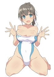Rule 34 | 1girl, bad id, bad pixiv id, bare shoulders, barefoot, breasts, brown hair, clothes pull, collarbone, competition swimsuit, covered navel, full body, green eyes, groin, hair ribbon, highleg, highleg swimsuit, highres, kekemotsu, large breasts, looking at viewer, one-piece swimsuit, one-piece swimsuit pull, open mouth, original, ribbon, short hair, simple background, sitting, solo, swimsuit, wariza, white background, white one-piece swimsuit, white ribbon