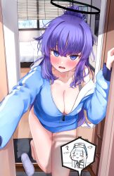 Rule 34 | 1girl, absurdres, black bra, blue archive, blush, bottomless, bra, bra peek, breasts, bromide, cleavage, collarbone, commentary, daran9, doorway, female pov, halo, highres, jacket, large breasts, looking at viewer, messy hair, multiple girls, noa (blue archive), nose blush, ponytail, pov, pov doorway, solo, spoken expression, toes, track jacket, underwear, yuuka (blue archive)