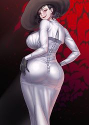 Rule 34 | 1girl, alcina dimitrescu, ass, black gloves, black hair, breasts, buttons, capcom, commentary request, dress, from behind, gloves, gonster, gradient background, hat, highres, large breasts, lips, lipstick, long dress, long sleeves, looking at viewer, looking back, makeup, pale skin, parted lips, resident evil, resident evil village, simple background, smile, teeth, white dress, yellow eyes