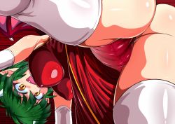 Rule 34 | 1girl, ass, breasts, cameltoe, covered erect nipples, draco centauros, dragon wings, elbow gloves, fang, from below, gloves, green hair, horns, large breasts, looking at viewer, looking down, pointy ears, puyopuyo, short hair, solo, thick thighs, thighhighs, thighs, white gloves, white thighhighs, wings, yellow eyes, zasshu nigou