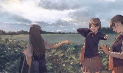 Rule 34 | 3girls, arm up, arms up, bag, black hair, black skirt, bow, bowtie, brown skirt, closed eyes, cloud, cloudy sky, collared shirt, commentary request, day, grass, highres, horizon, long hair, long sleeves, multiple girls, open mouth, original, outdoors, pleated skirt, pointing, profile, red bow, red bowtie, scenery, school bag, school uniform, shirt, short hair, short sleeves, skirt, sky, sunlight, white shirt, zennosuke