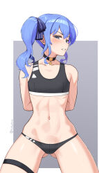 Rule 34 | 1girl, absurdres, alternate costume, arms behind back, bare shoulders, blue eyes, blue hair, blush, border, buruma, choker, clenched teeth, collarbone, cowboy shot, female pubic hair, flat chest, gluteal fold, grey background, hair ribbon, harry (dudwofla), highres, hololive, hoshimachi suisei, long hair, matching hair/eyes, navel, pubic hair, pubic hair peek, restrained, ribbon, side ponytail, simple background, solo, sports bra, teeth, thighlet, virtual youtuber, white border