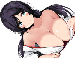 Rule 34 | 1girl, areola slip, bare shoulders, breasts, closed mouth, collarbone, commentary request, dutch angle, gengoroh, green eyes, japanese clothes, kimono, large breasts, long hair, looking at viewer, love live!, love live! school idol project, low twintails, miko, off shoulder, purple hair, smile, solo, tojo nozomi, twintails, white background, white kimono
