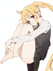 Rule 34 | 1girl, absurdres, ahoge, ass, black dress, blonde hair, blush, bocchi the rock!, commentary request, detached ahoge, dress, from side, full body, highres, hugging own legs, ijichi nijika, knees up, long hair, long sleeves, looking at viewer, open mouth, parted bangs, red eyes, shirt, side ponytail, simple background, solo, thighs, ukitaryu, very long hair, white background, white shirt