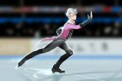 Rule 34 | 1boy, aqua eyes, bad id, bad pixiv id, black gloves, black pants, blurry, blurry background, chinese commentary, closed mouth, coattails, commentary request, elbow gloves, expressionless, figure skating, full body, gloves, hair over one eye, half-closed eyes, hand up, highres, ice skates, ice skating, indoors, long sleeves, male focus, pants, partially fingerless gloves, pink blazer, rrr (reason), skates, skating, solo, swept bangs, viktor nikiforov, wavy hair, white hair, wing collar, yuri!!! on ice