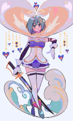 Rule 34 | 1girl, alternate hair ornament, ankle boots, armpit peek, bare shoulders, belt, blue eyes, blue footwear, blue hair, blue skirt, blush, blush stickers, boots, breasts, cape, cleavage, closed mouth, commentary, crossed legs, detached sleeves, dot nose, full body, gloves, hair between eyes, hair ornament, hairclip, halo, happy, head tilt, heart, heart background, heart hair ornament, highres, holding, holding sword, holding weapon, looking at viewer, magical girl, mahou shoujo madoka magica, mahou shoujo madoka magica (anime), medium breasts, miki sayaka, pleated skirt, polka dot, polka dot background, short hair, simple background, skirt, smile, solo, sparkle, sparkle background, standing, strapless, sword, thighhighs, weapon, white background, white cape, white gloves, white thighhighs, yooki (winter cakes), zettai ryouiki