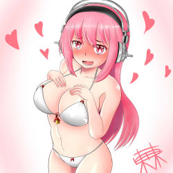 Rule 34 | 1girl, bikini, blush, breasts, cleavage, dongdong, headphones, heart, heart-shaped pupils, highres, large breasts, long hair, looking at viewer, navel, nitroplus, open mouth, pink hair, red eyes, smile, solo, super sonico, swimsuit, symbol-shaped pupils, white bikini