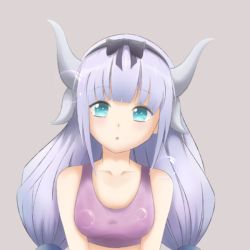 Rule 34 | 10s, 1girl, aqua eyes, bare shoulders, beads, blunt bangs, bow, breasts, bubble, collarbone, crop top, dragon girl, dragon horns, hair beads, hair ornament, hairband, horns, kanna kamui, kobayashi-san chi no maidragon, light purple hair, long hair, looking at viewer, low twintails, midriff, ribbon, small breasts, solo, twintails, upper body, very long hair
