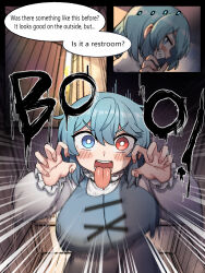 Rule 34 | 1girl, alternate language, blue eyes, blue hair, blue vest, blush, breasts, claw pose, comic, cross-laced clothes, english text, grin, heterochromia, highres, instant loss, large breasts, nyong nyong, red eyes, shirt, short hair, smile, solo, tatara kogasa, tongue, touhou, vest, white shirt