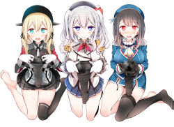 Rule 34 | 10s, 3girls, @ @, anchor hair ornament, aqua eyes, barefoot, beret, black gloves, black hair, black skirt, black socks, blonde hair, blue eyes, blush, breasts, buttons, commentary request, epaulettes, feet, frilled sleeves, frills, garter straps, gloves, grey shirt, hair ornament, hat, holding, holding clothes, holding legwear, holding thighhigh, jacket, kantai collection, kashima (kancolle), kerchief, kneehighs, kneeling, large breasts, unworn legwear, long sleeves, looking at viewer, microskirt, military, military hat, military uniform, miniskirt, multiple girls, oouso, peaked cap, pleated skirt, presenting, prinz eugen (kancolle), red eyes, shirt, short hair, sidelocks, silver hair, single sock, sitting, skirt, smell, socks, soles, steam, sweat, takao (kancolle), tears, thighhighs, toes, tsurime, twintails, uniform, wariza, wavy hair, wavy mouth, white gloves